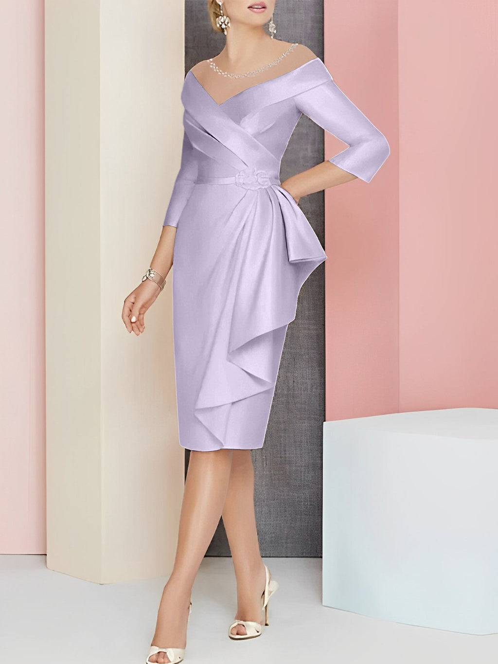 Vestido bainha com decote em V até ao joelho para mãe da noiva