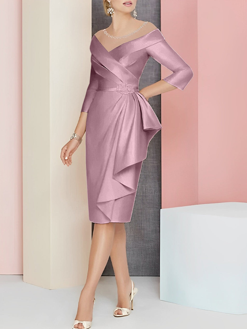 Vestido bainha com decote em V até ao joelho para mãe da noiva
