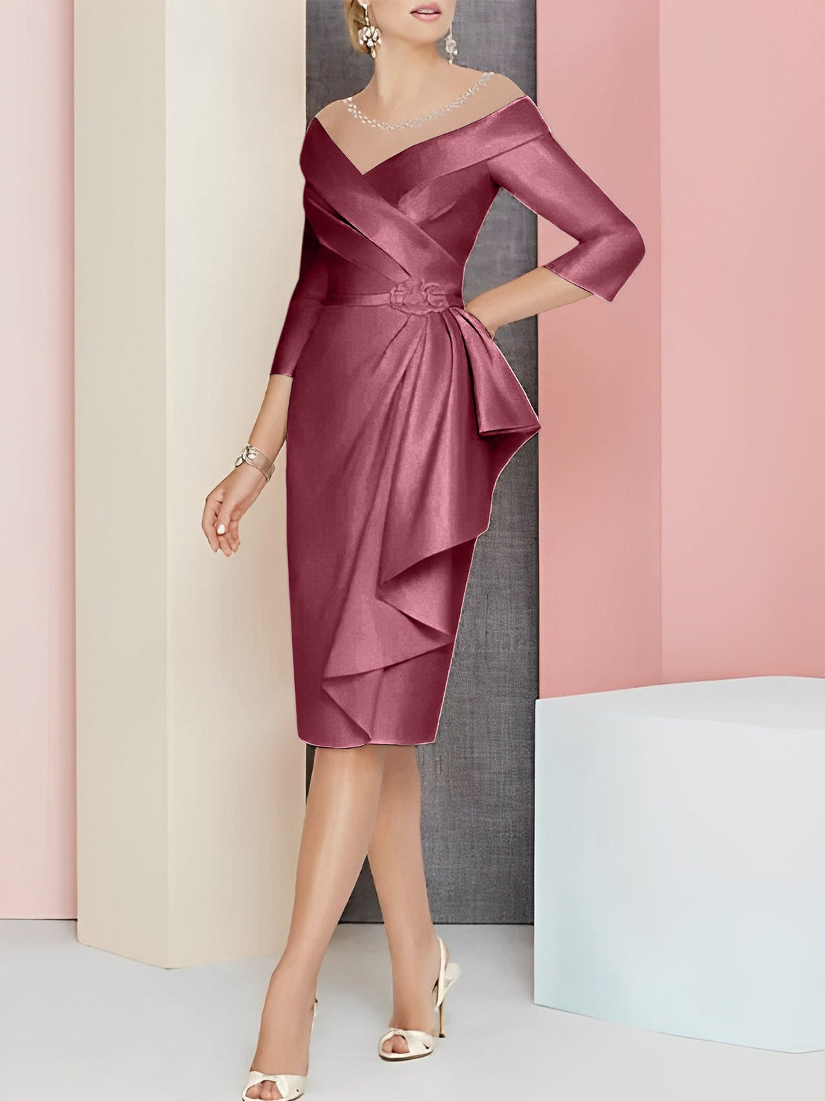 Vestido bainha com decote em V até ao joelho para mãe da noiva