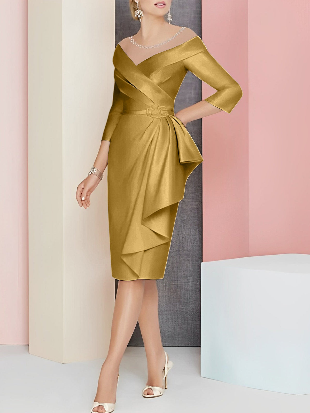 Vestido bainha com decote em V até ao joelho para mãe da noiva