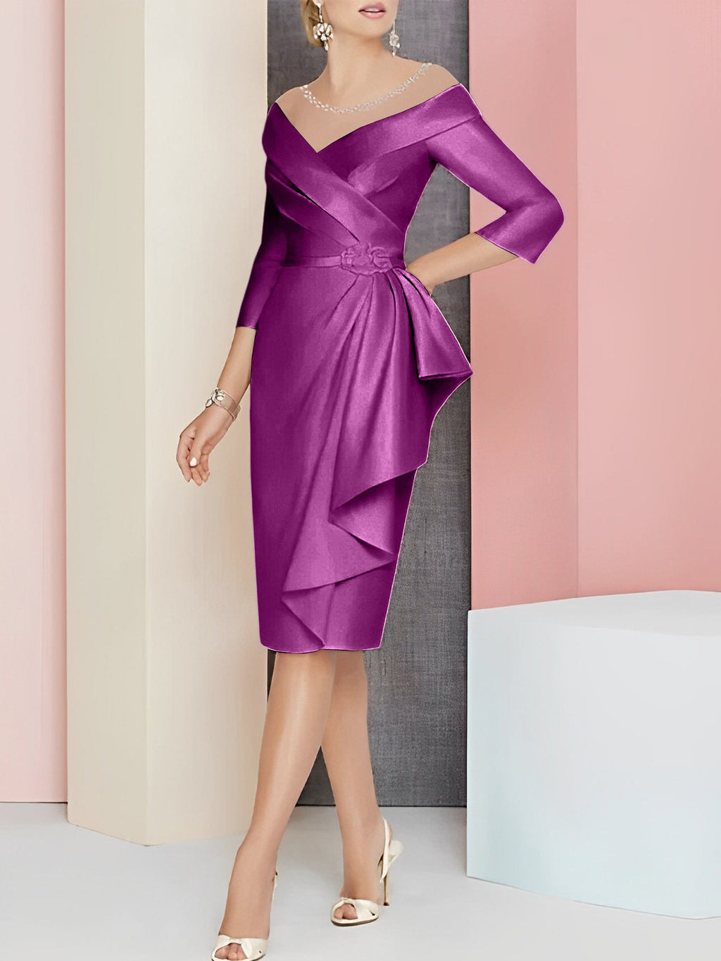 Vestido bainha com decote em V até ao joelho para mãe da noiva