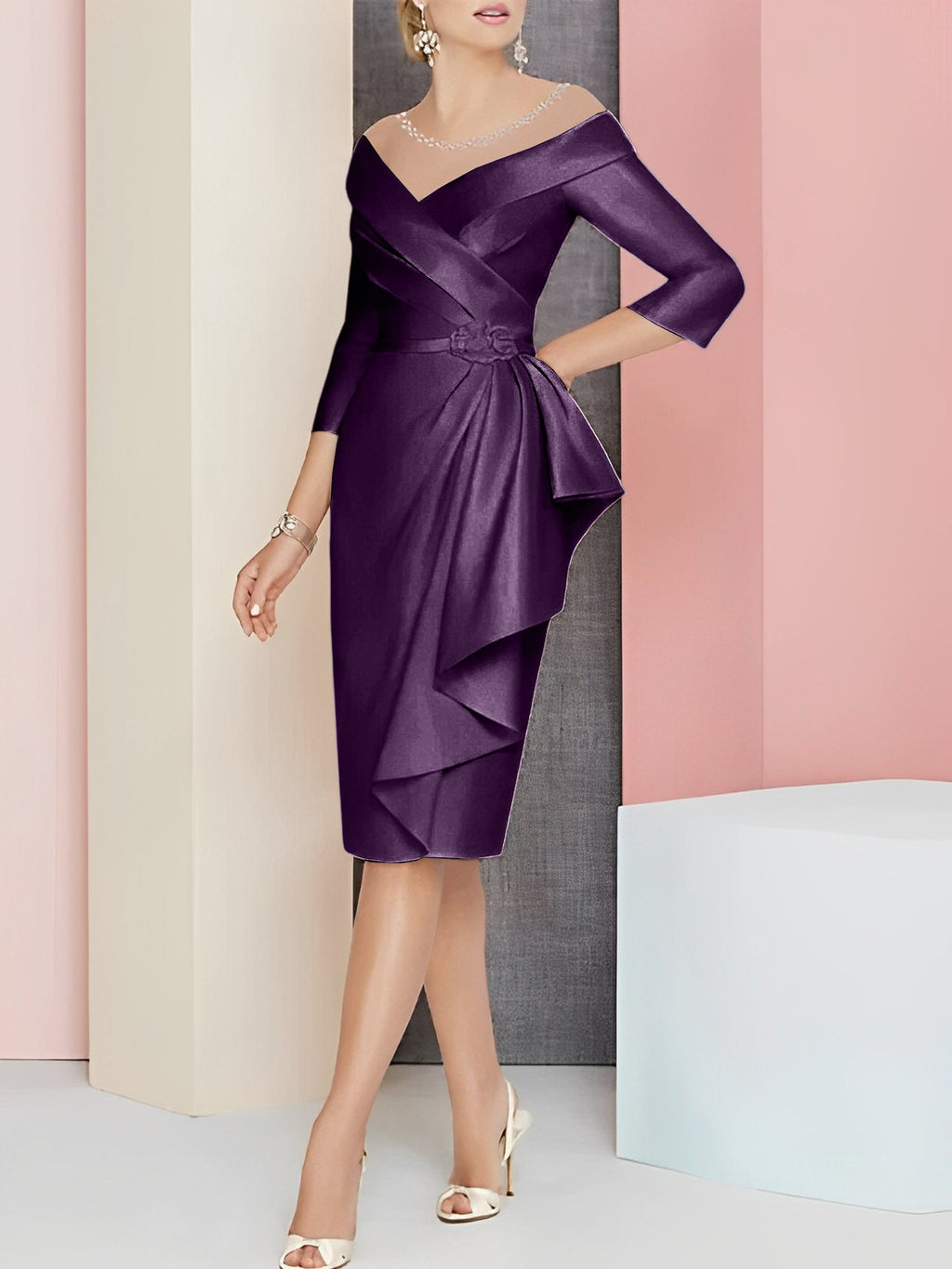 Vestido bainha com decote em V até ao joelho para mãe da noiva