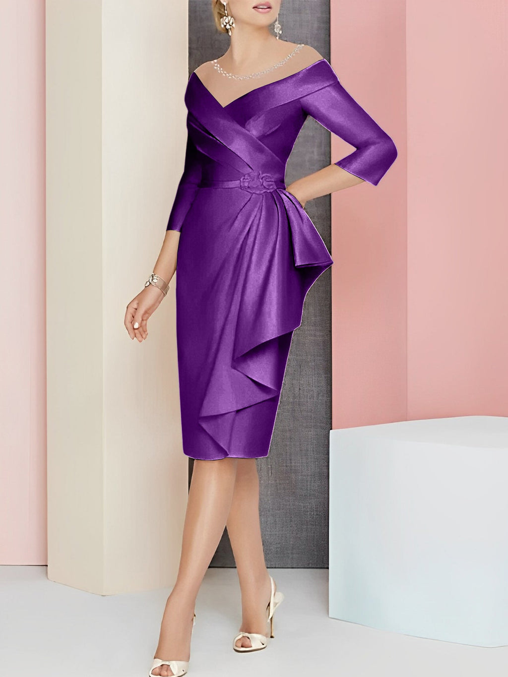 Vestido bainha com decote em V até ao joelho para mãe da noiva