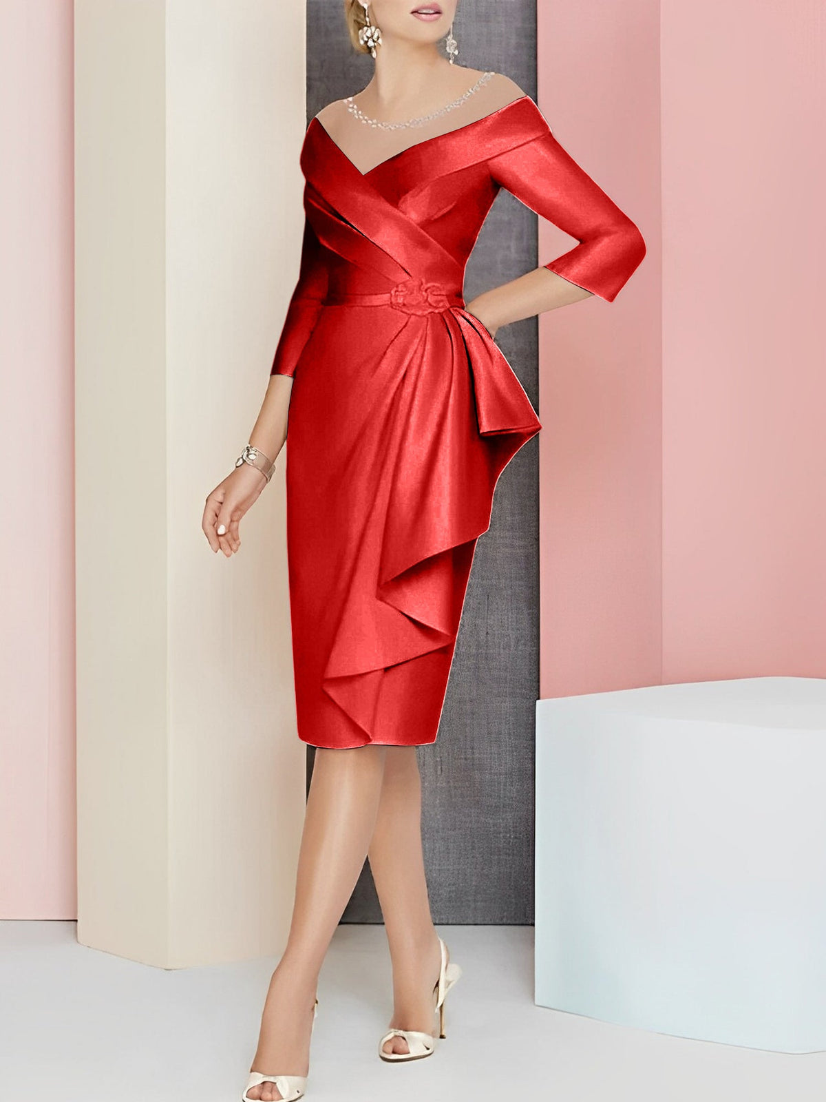 Vestido bainha com decote em V até ao joelho para mãe da noiva