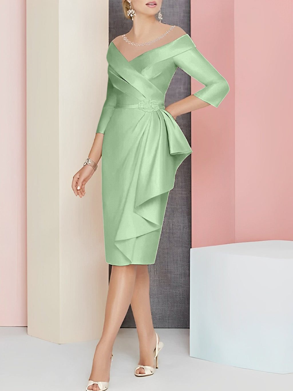 Vestido bainha com decote em V até ao joelho para mãe da noiva
