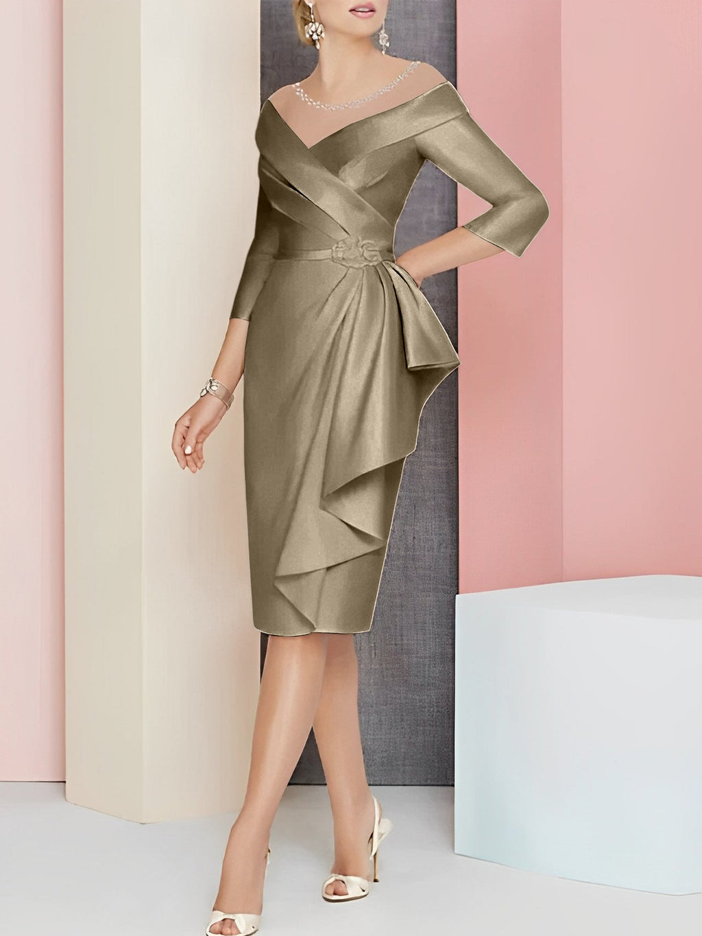 Vestido bainha com decote em V até ao joelho para mãe da noiva