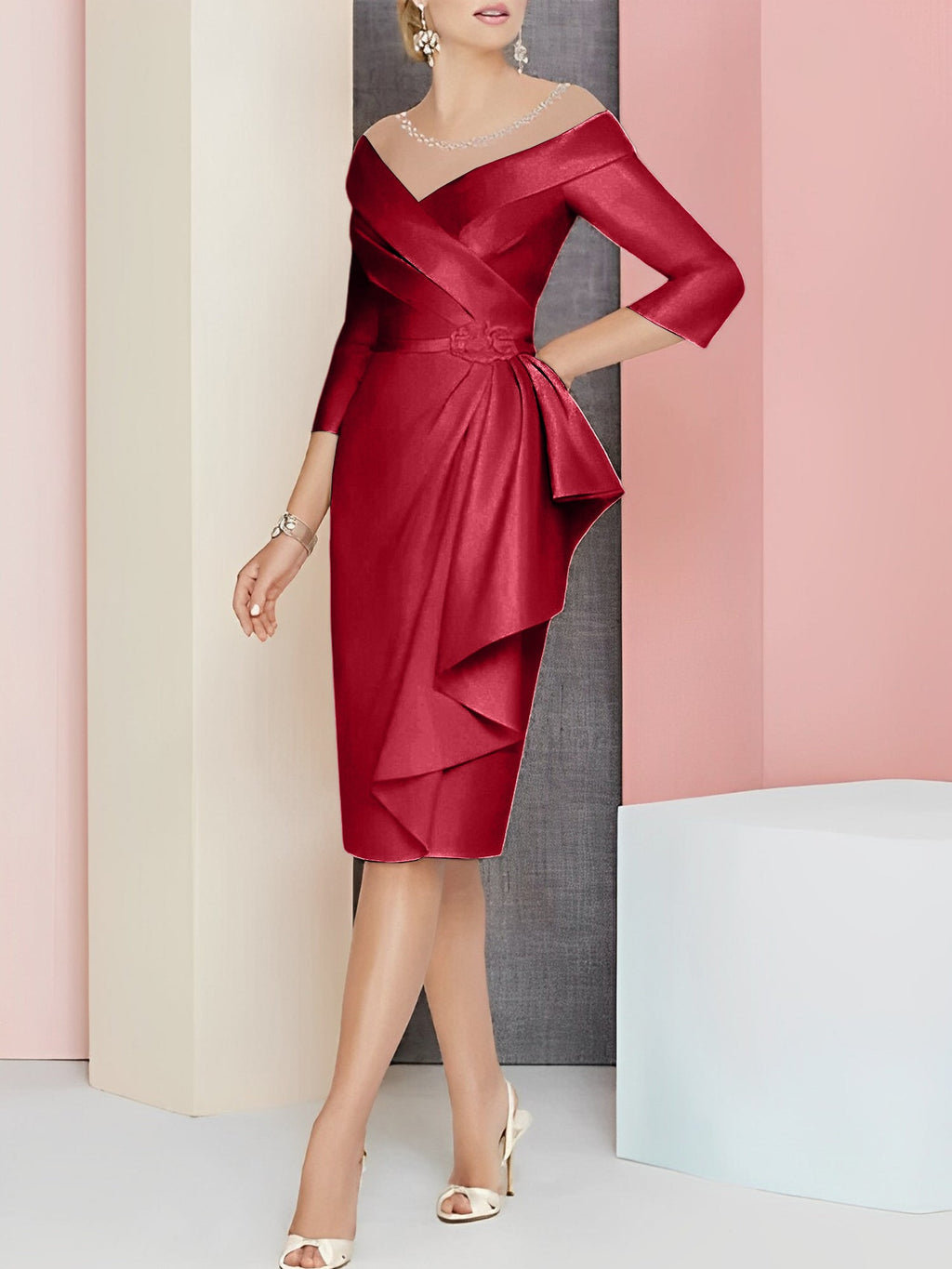 Vestido bainha com decote em V até ao joelho para mãe da noiva