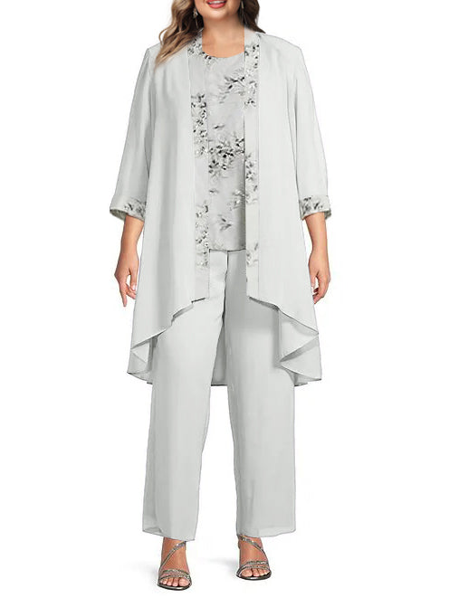 Plus Size Floor Length Chiffon Pantsuits For Mother Of The Bride With Round Neck