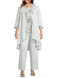 Plus Size Floor Length Chiffon Pantsuits For Mother Of The Bride With Round Neck