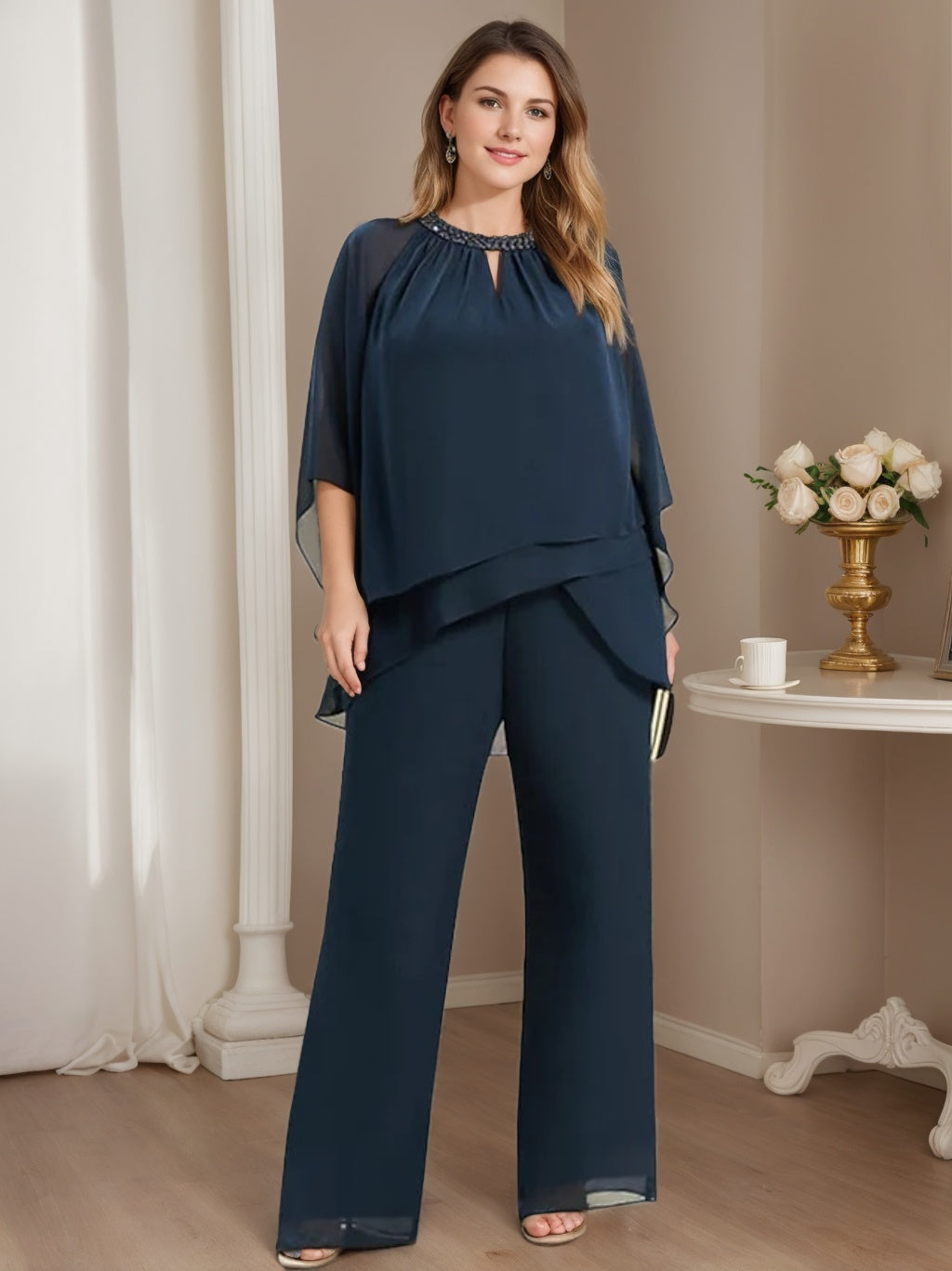 Mother of the Bride Jewel Neck Chiffon Pantsuits Elegant Occasion Wear