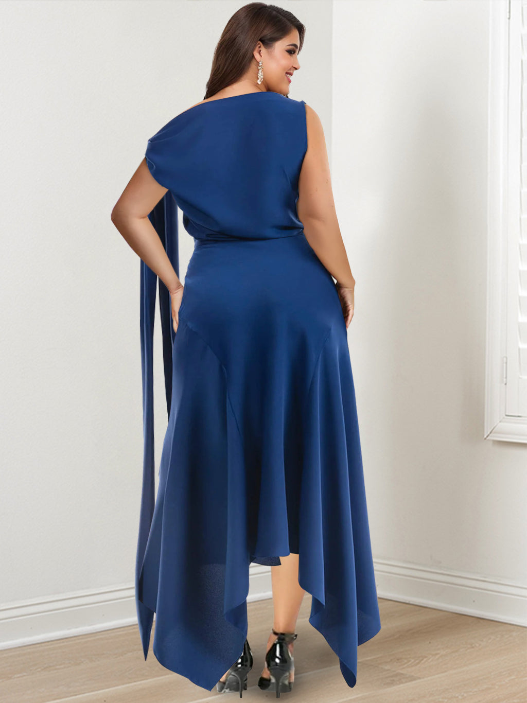 Asymmetrical Tea Length Mother Of The Bride Sheath Dress With Ruched Jewel Neck