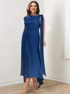 Asymmetrical Tea Length Mother Of The Bride Sheath Dress With Ruched Jewel Neck