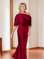 Elegant Plus Size Mother Of The Bride One Shoulder Sheath Dress Half Sleeves