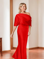 Elegant Plus Size Mother Of The Bride One Shoulder Sheath Dress Half Sleeves