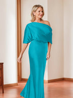Elegant Plus Size Mother Of The Bride One Shoulder Sheath Dress Half Sleeves