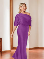 Elegant Plus Size Mother Of The Bride One Shoulder Sheath Dress Half Sleeves