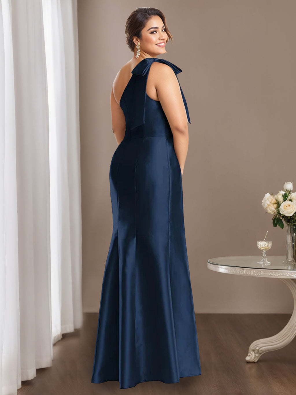 One Shoulder Sleeveless Satin Mother Of The Bride Dress Bowknot Sheath