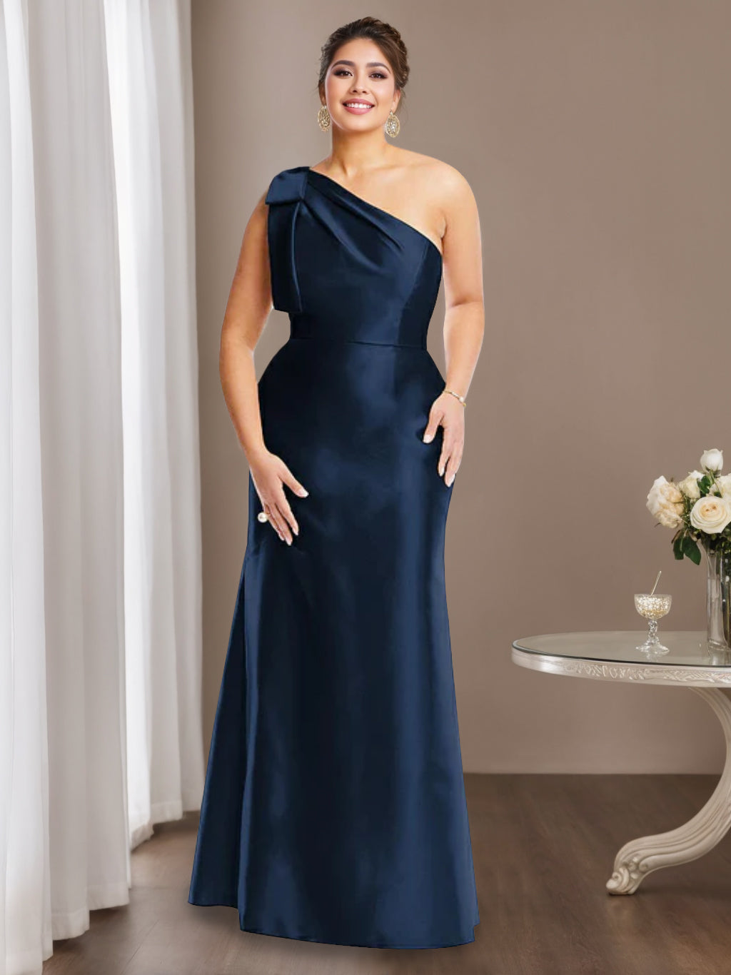 One Shoulder Sleeveless Satin Mother Of The Bride Dress Bowknot Sheath