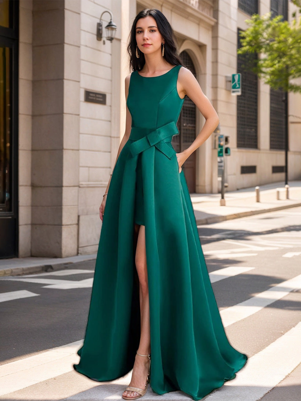Mother Of The Bride Scoop Neck A Line Princess Dress With High Split And Bow