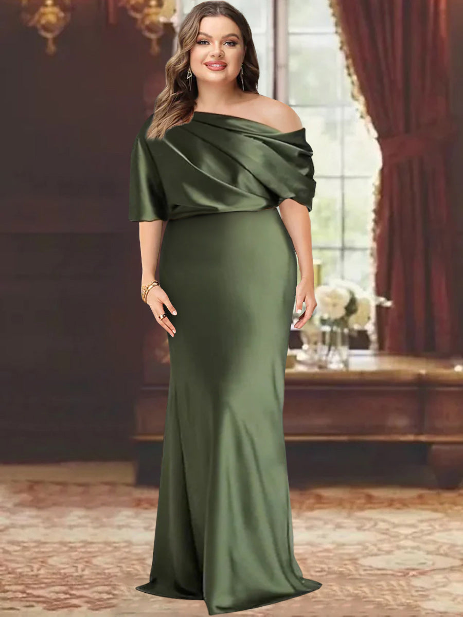 Plus Size One Shoulder Floor Length Sheath Dress For Mother Of The Bride Ruffles