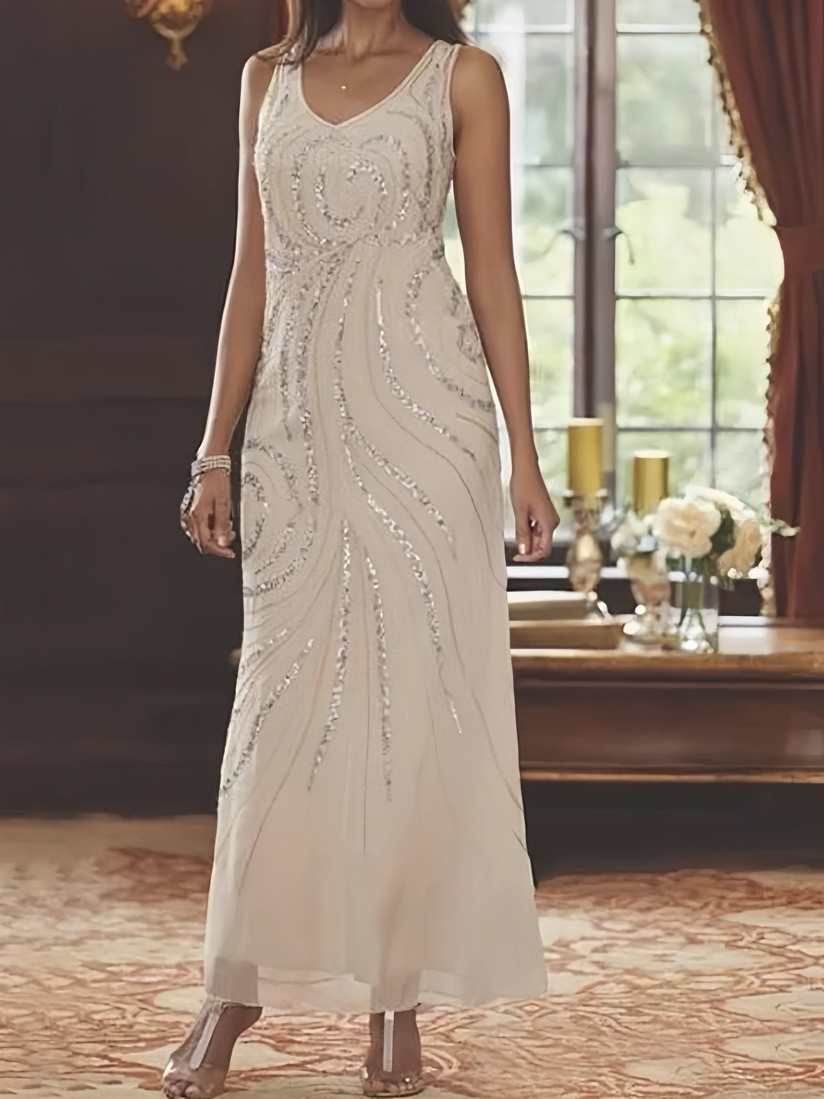 V-Neck Ankle-Length Sheath/Column Mother of the Bride Dresses with Sequins & Jacket