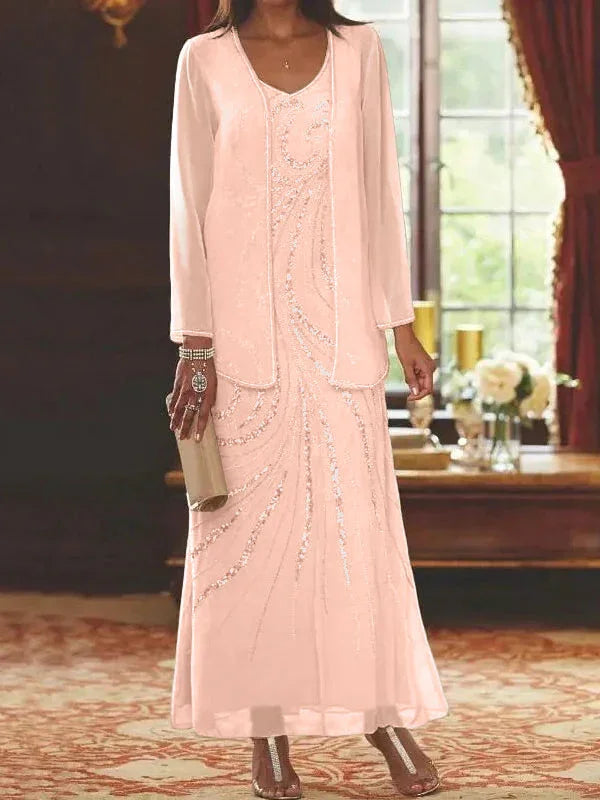 Vestidos de madre de la novia ajustados/columnas con escote en V y largo hasta el tobillo, con chaqueta y lentejuelas