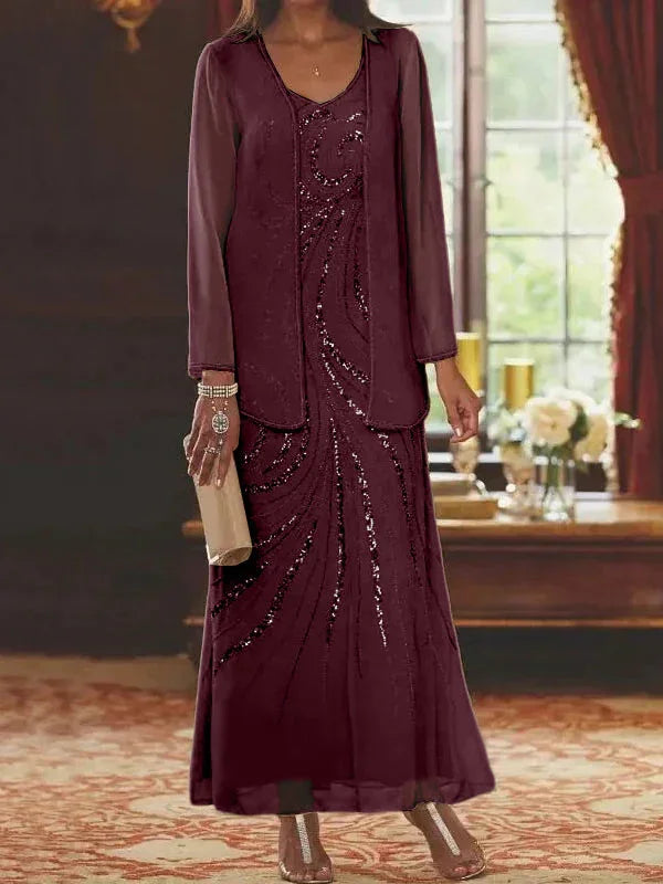 Vestidos de madre de la novia ajustados/columnas con escote en V y largo hasta el tobillo, con chaqueta y lentejuelas
