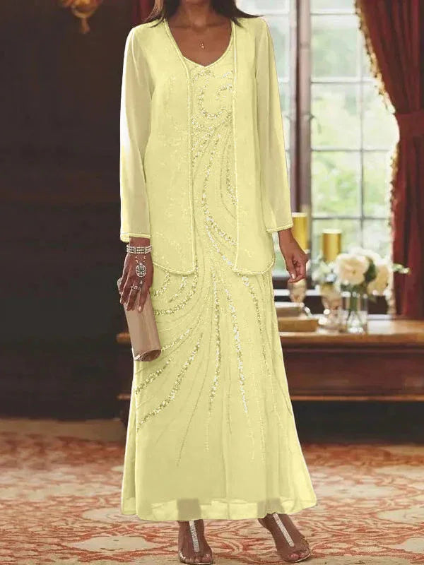 Vestidos de madre de la novia ajustados/columnas con escote en V y largo hasta el tobillo, con chaqueta y lentejuelas