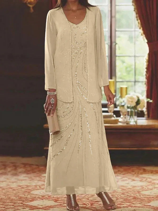 Vestidos de madre de la novia ajustados/columnas con escote en V y largo hasta el tobillo, con chaqueta y lentejuelas