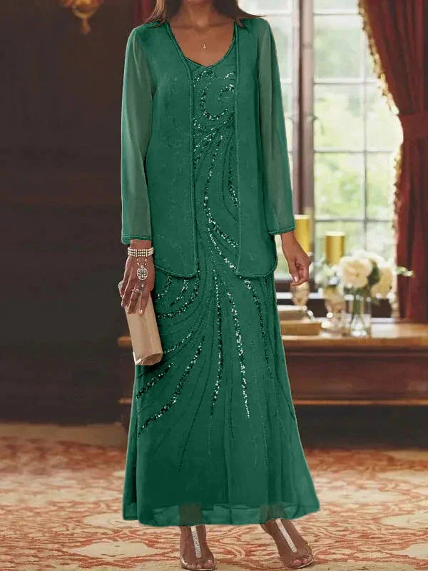 Vestidos de madre de la novia ajustados/columnas con escote en V y largo hasta el tobillo, con chaqueta y lentejuelas