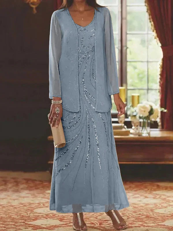 Vestidos de madre de la novia ajustados/columnas con escote en V y largo hasta el tobillo, con chaqueta y lentejuelas