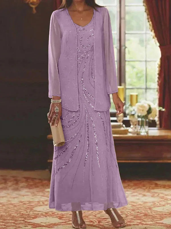 Vestidos de madre de la novia ajustados/columnas con escote en V y largo hasta el tobillo, con chaqueta y lentejuelas