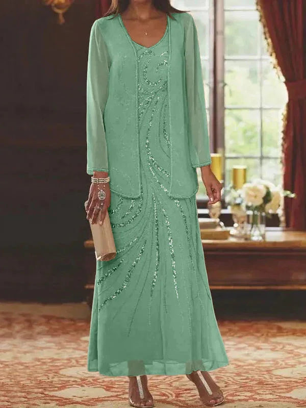 Vestidos de madre de la novia ajustados/columnas con escote en V y largo hasta el tobillo, con chaqueta y lentejuelas