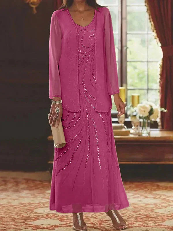 Vestidos de madre de la novia ajustados/columnas con escote en V y largo hasta el tobillo, con chaqueta y lentejuelas