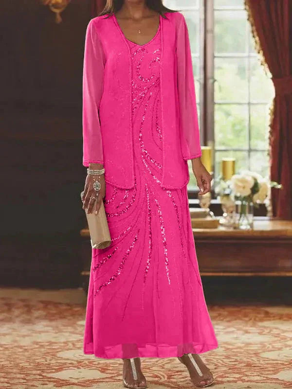 Vestidos de madre de la novia ajustados/columnas con escote en V y largo hasta el tobillo, con chaqueta y lentejuelas