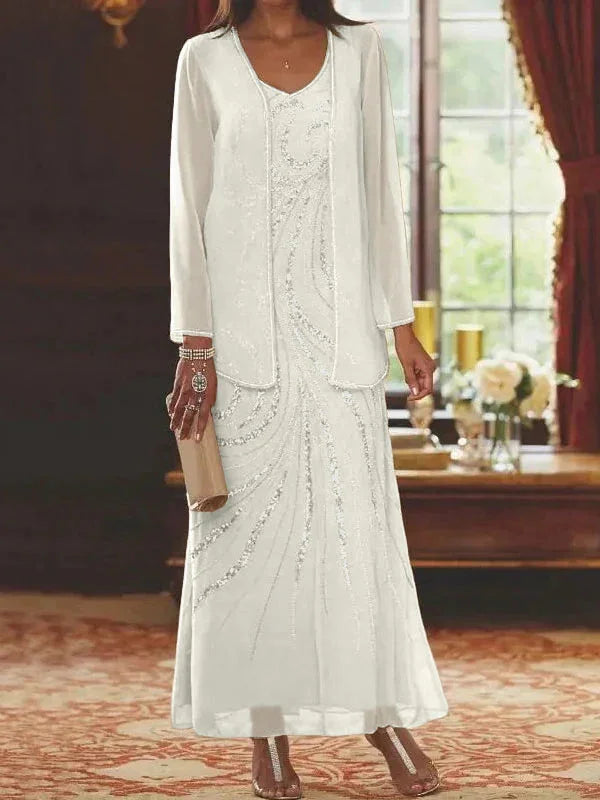 Vestidos de madre de la novia ajustados/columnas con escote en V y largo hasta el tobillo, con chaqueta y lentejuelas