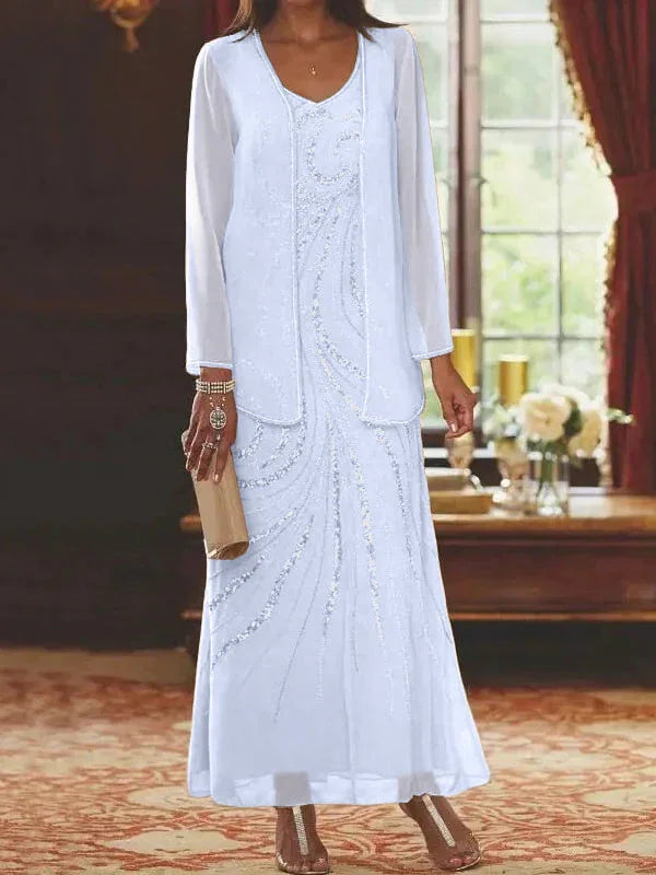 Vestidos de madre de la novia ajustados/columnas con escote en V y largo hasta el tobillo, con chaqueta y lentejuelas