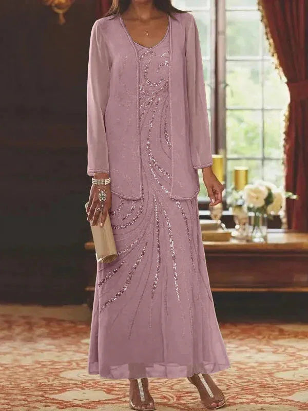 Vestidos de madre de la novia ajustados/columnas con escote en V y largo hasta el tobillo, con chaqueta y lentejuelas