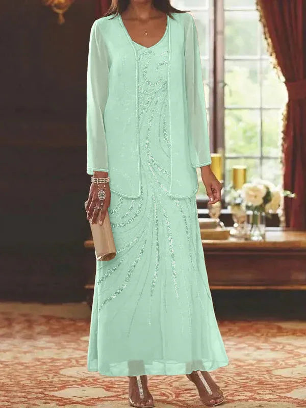 Vestidos de madre de la novia ajustados/columnas con escote en V y largo hasta el tobillo, con chaqueta y lentejuelas