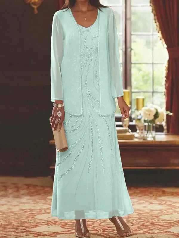Vestidos de madre de la novia ajustados/columnas con escote en V y largo hasta el tobillo, con chaqueta y lentejuelas