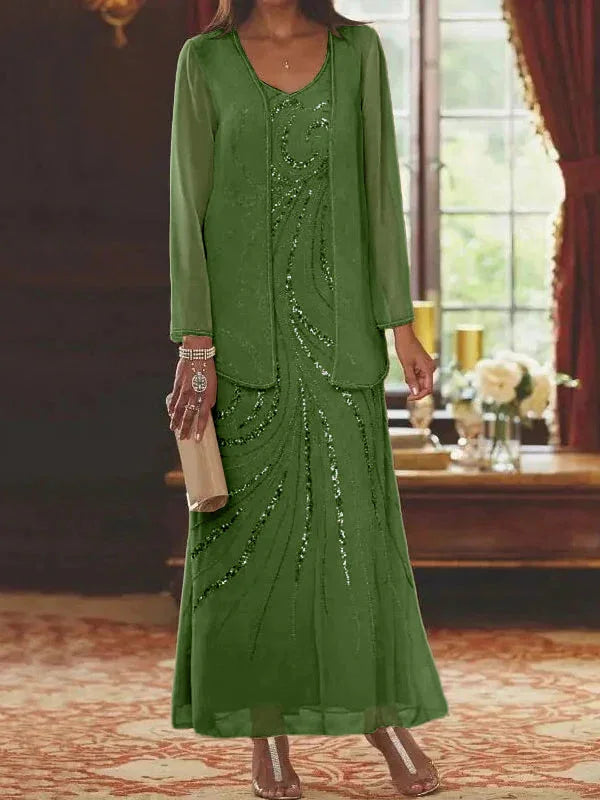 Vestidos de madre de la novia ajustados/columnas con escote en V y largo hasta el tobillo, con chaqueta y lentejuelas