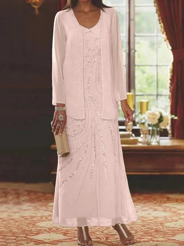 Vestidos de madre de la novia ajustados/columnas con escote en V y largo hasta el tobillo, con chaqueta y lentejuelas