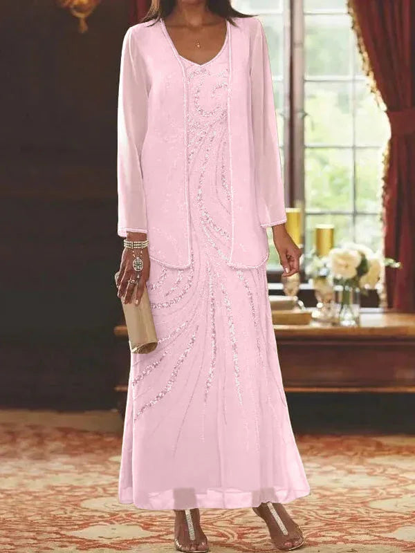 Vestidos de madre de la novia ajustados/columnas con escote en V y largo hasta el tobillo, con chaqueta y lentejuelas