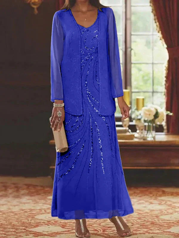 Vestidos de madre de la novia ajustados/columnas con escote en V y largo hasta el tobillo, con chaqueta y lentejuelas