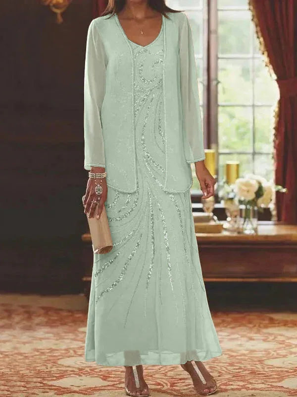 Vestidos de madre de la novia ajustados/columnas con escote en V y largo hasta el tobillo, con chaqueta y lentejuelas