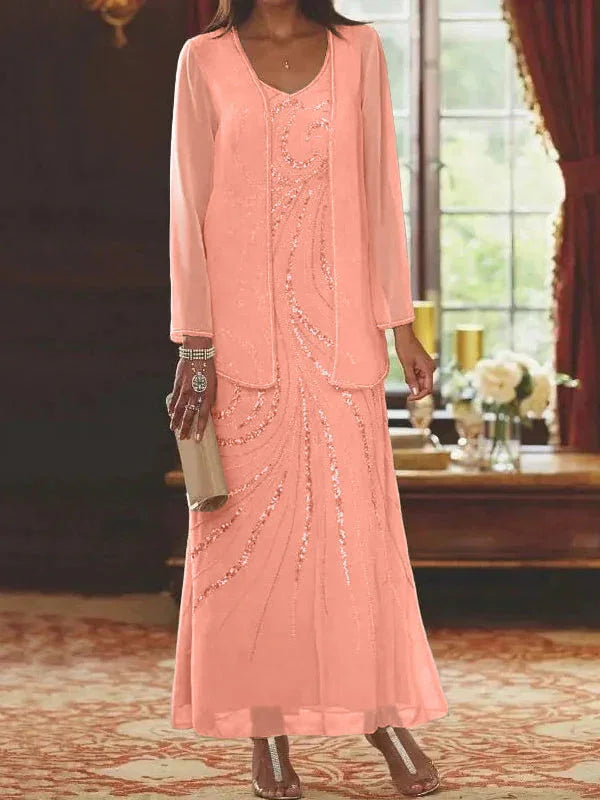 Vestidos de madre de la novia ajustados/columnas con escote en V y largo hasta el tobillo, con chaqueta y lentejuelas
