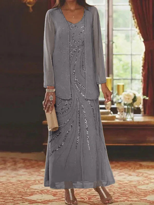 Vestidos de madre de la novia ajustados/columnas con escote en V y largo hasta el tobillo, con chaqueta y lentejuelas