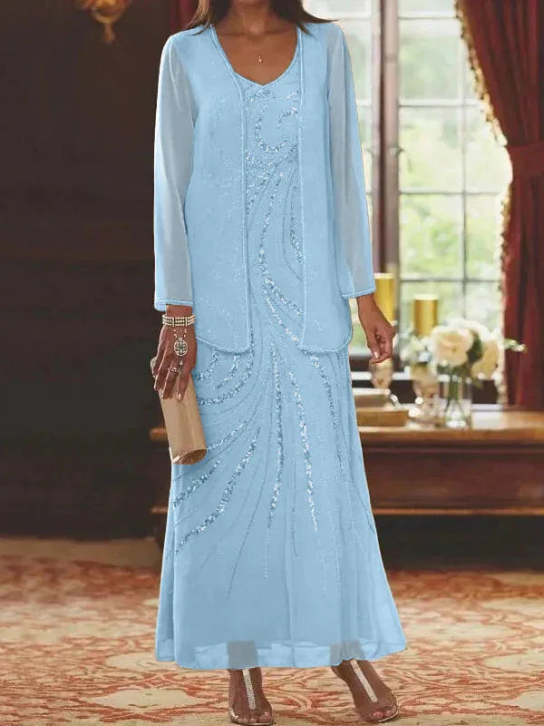 Vestidos de madre de la novia ajustados/columnas con escote en V y largo hasta el tobillo, con chaqueta y lentejuelas