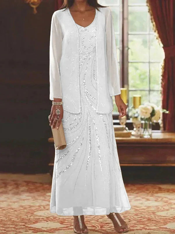 Vestidos de madre de la novia ajustados/columnas con escote en V y largo hasta el tobillo, con chaqueta y lentejuelas