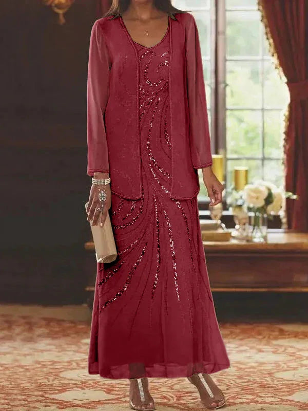 Vestidos de madre de la novia ajustados/columnas con escote en V y largo hasta el tobillo, con chaqueta y lentejuelas